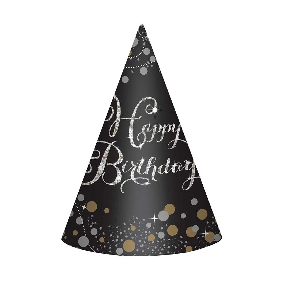 AMSCAN Sparkling Celebration Happy Birthday Cone Hats 8 Pack 1 AMSCAN Sparkling Celebration Happy Birthday Cone Hats 8 Pack