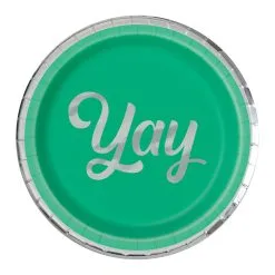 Unique Green "Yay" Silver & Bright Foil Stamped Paper Plates 18cm 8 Pack