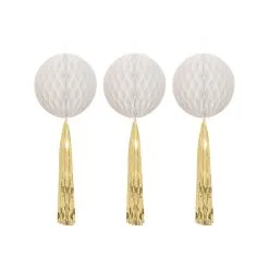 Unique Honeycomb Balls Bright White With Gold Foil Tassel Tails 3 Pack
