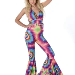 Unique Hippie Costume Adults Ladies 60s 70s Hippy Fancy Dress Jumpsuit Tie Dye Womens