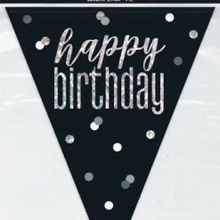 Unique Black And Silver Prismatic Foil Flag Banner - Happy Birthday 2.74m