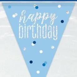 Unique Blue Prismatic Foil Flag Banner - Happy Birthday 2.74m