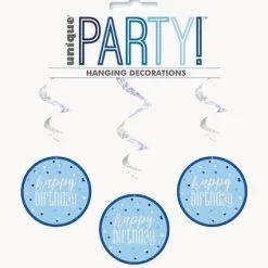 Unique 81cm Blue Prismatic Hanging Swirl Decorations - Happy Birthday 6 Pack