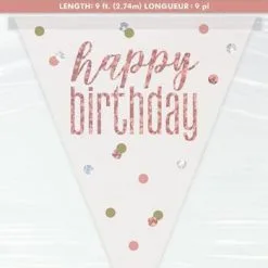 Unique Rose Gold Prismatic Foil Flag Banner Happy Birthday 2.74m
