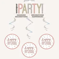 Unique Rose Gold 6 Prismatic Hanging Swirl Decorations Happy Birthday