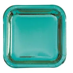 Unique Glitz Caribbean Teal Foil Square Paper Plates 18cm 10 Pack
